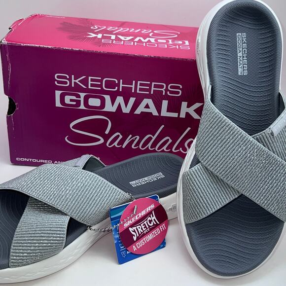 SKECHERS Go Walk Sandals, Women's Size 7, Glistening Silver - Picture 1 of 9